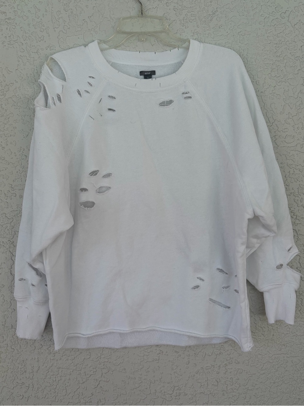 aerie White Distressed Crewneck Sweatshirt